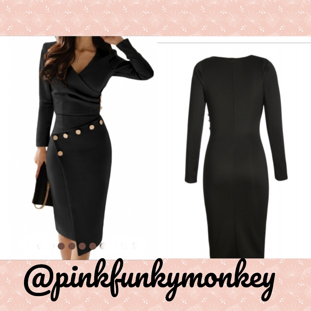 1 Large Left New Button Detail Black Midi Dress